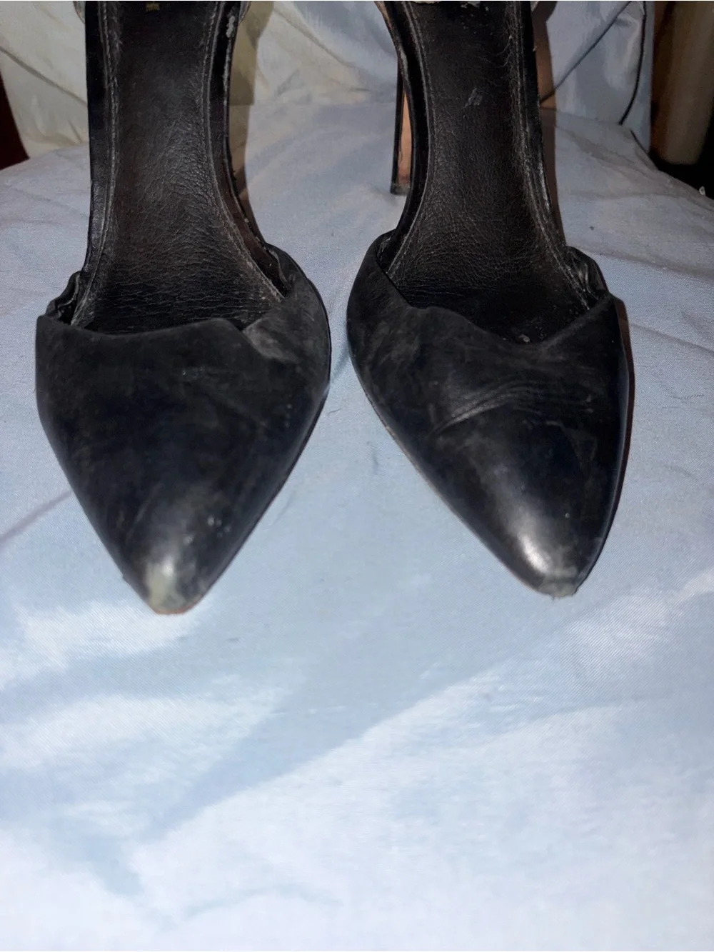 Coach Two-Tone Pointed Toe Ankle Strap Heels in Black and Brown